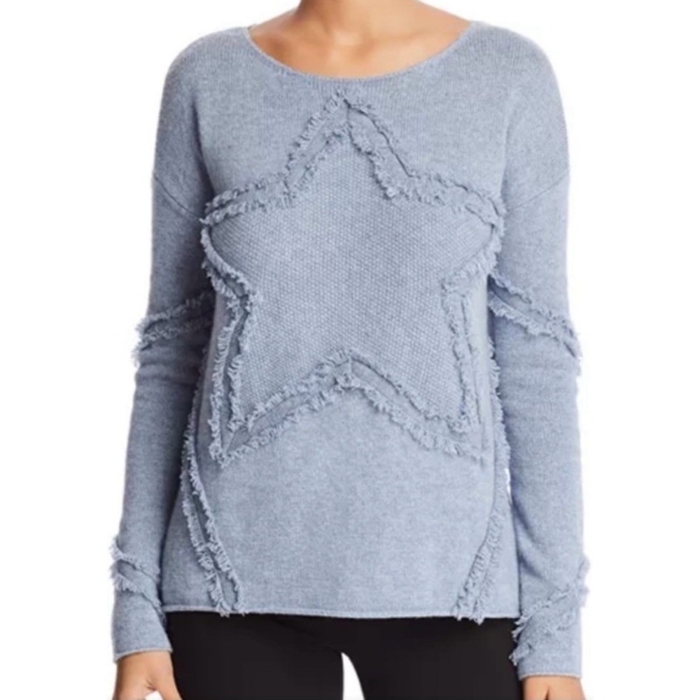 Lisa Todd Fray Stars 100% Cashmere Frayed Hem Blue Knit Oversized Sweater Size S